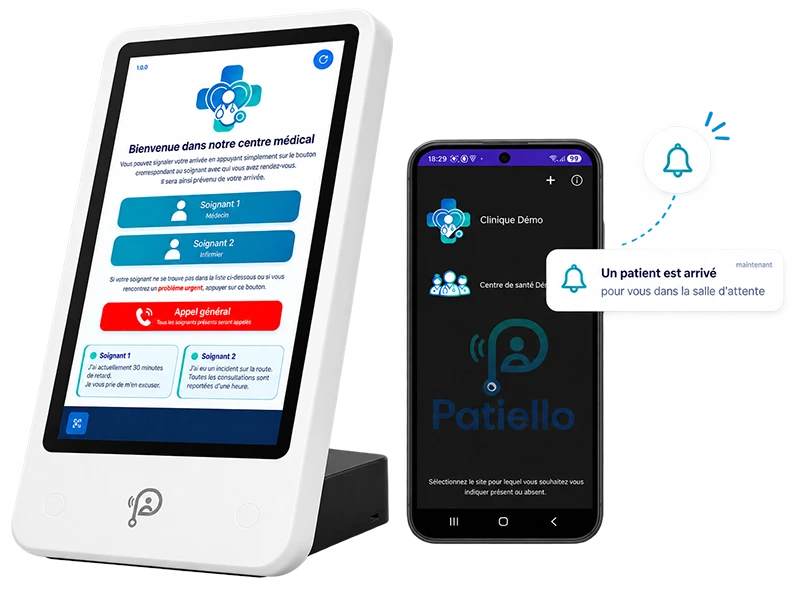 L'écosystème Patiello avec le portail d'administration, la borne d'accueil et l'application mobile